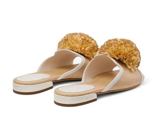 Jimmy Choo Nako Flat Natural/Latte Raffia Pom Pom Flats