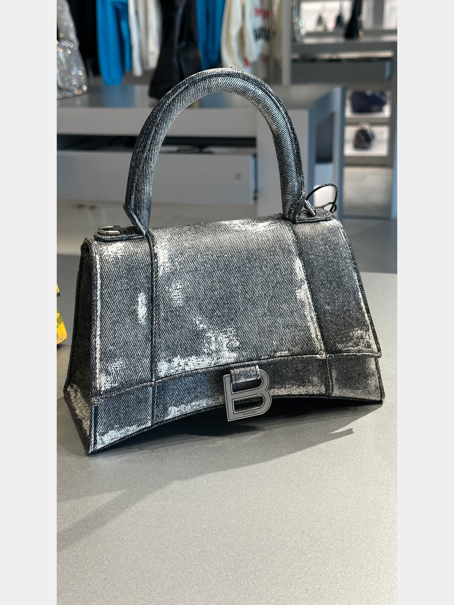 Balenciaga Hourglass Top Handle Denim Printed Nappa AS BlackBalenciaga