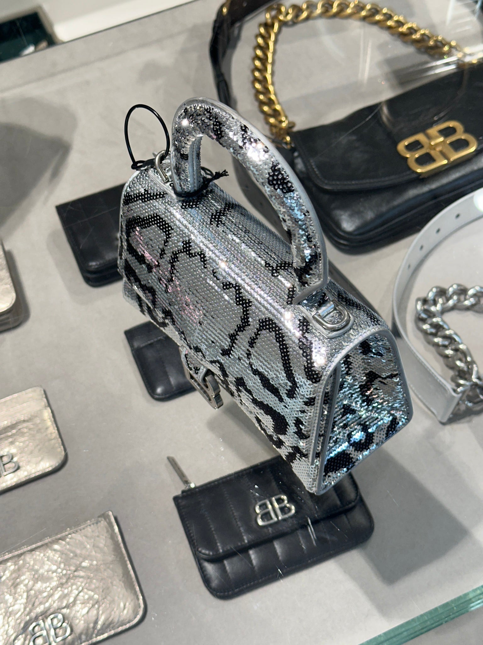 Balenciaga Hourglass Top Handle Snake Sequin Embroidery AS SilverBalenciaga