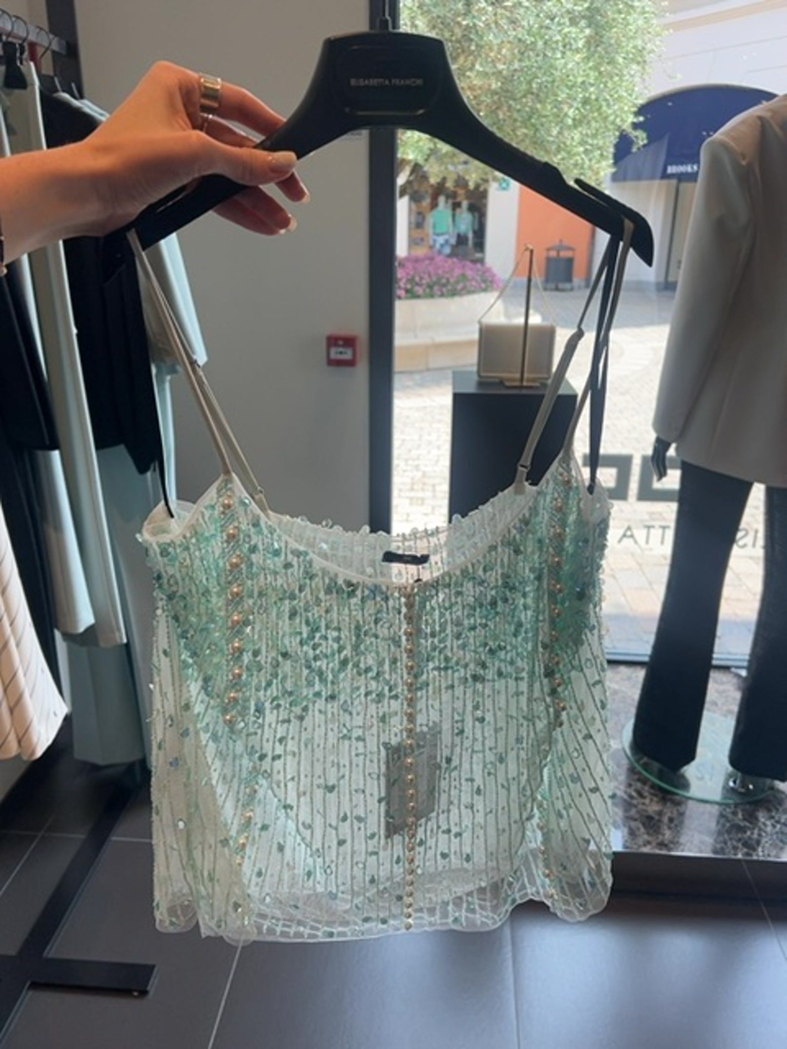 Elisabetta Franchi Damska bluzka cekinowa akwamarynowaElisabetta Franchi
