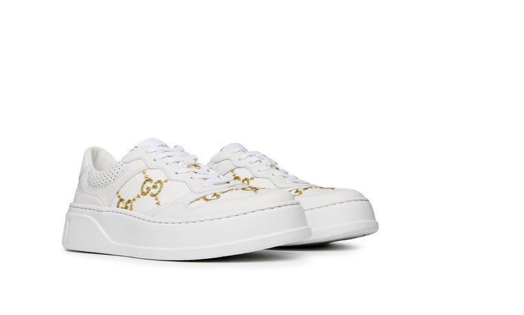 GUCCI Women'S Gg Leather Trainers white and goldGucci