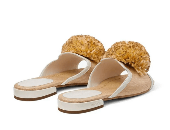 Jimmy Choo Nako Flat Natural/Latte Raffia Pom Pom FlatsJimmy Choo