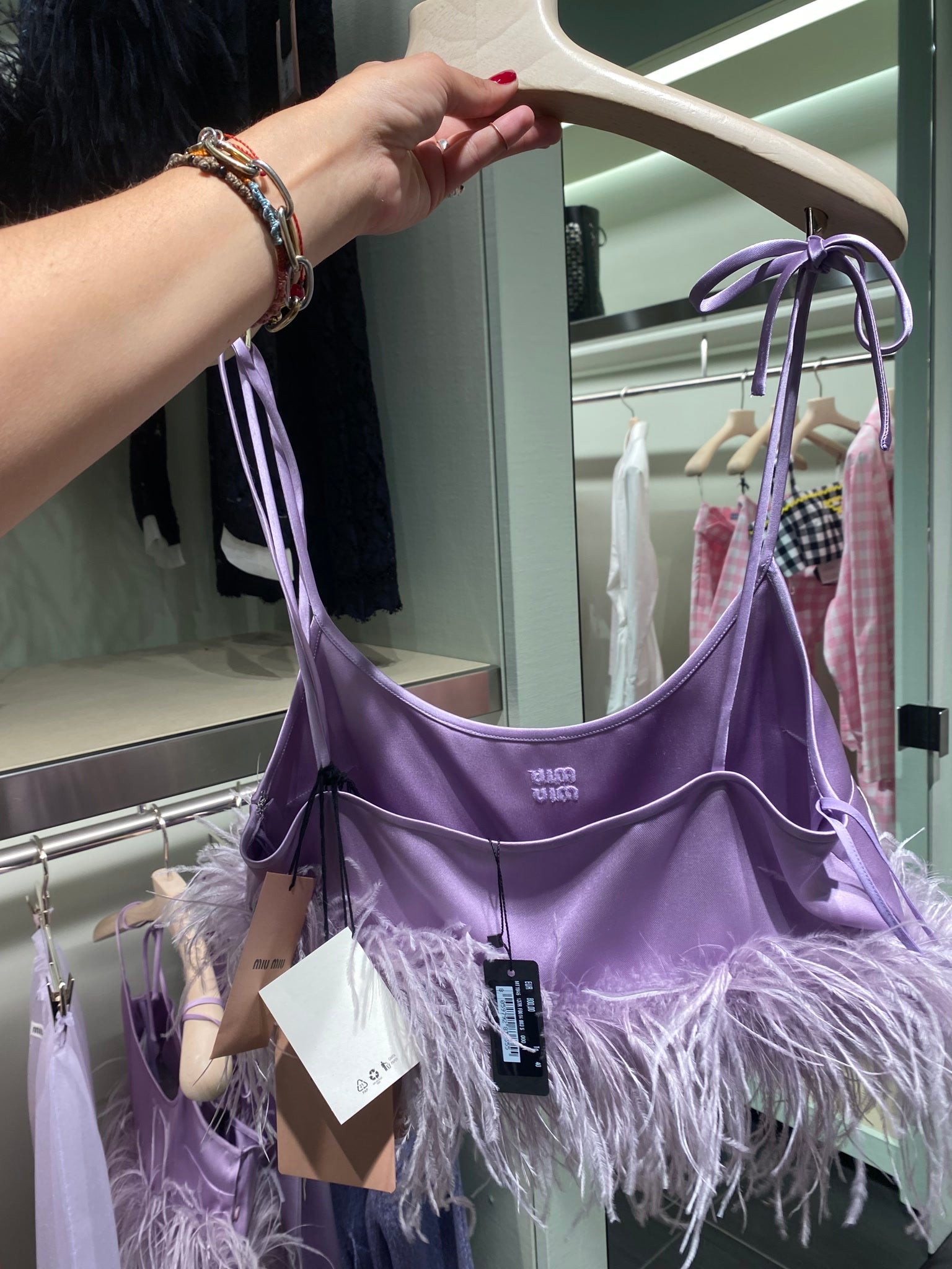 Miu Miu Damska sukienka fioletowa z pióramiMiu Miu