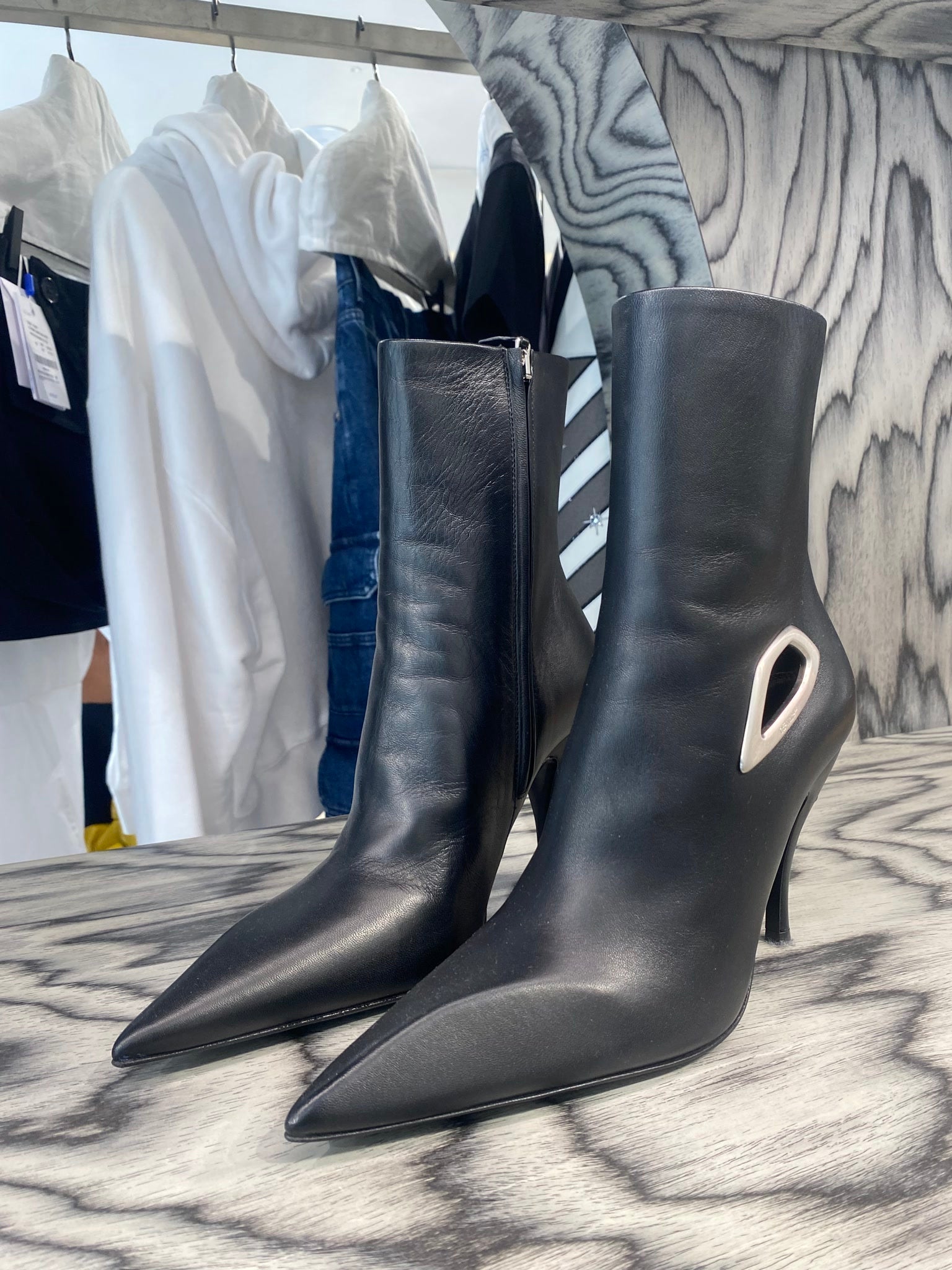 Off - White Damskie botki skórzane czarne srebrneOff - white