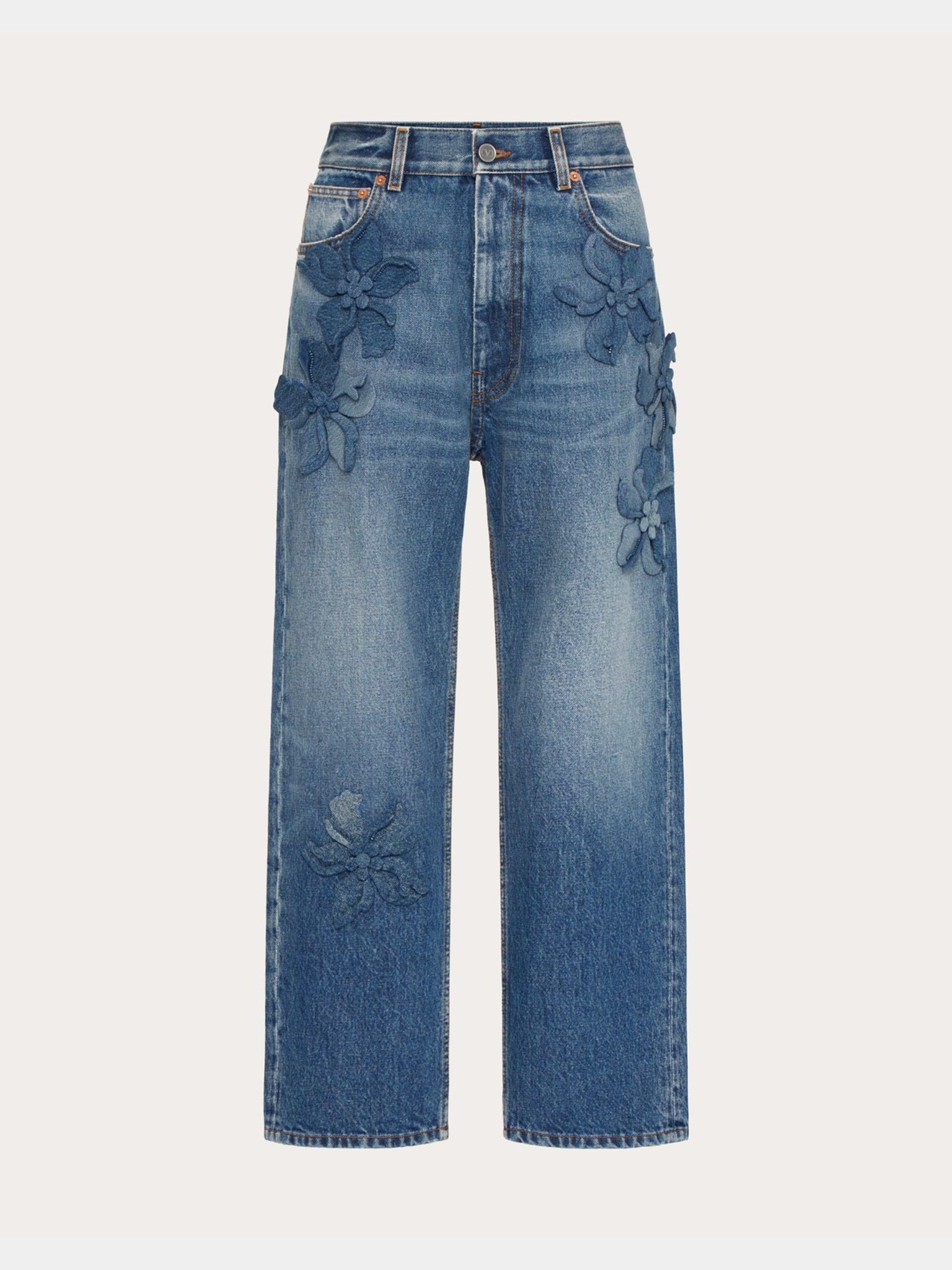 Valentino Jeans Damskie Niebieskie Haftowane Embroidered Medium Blue Denim Trousers 48ODD1769KJ558Valentino