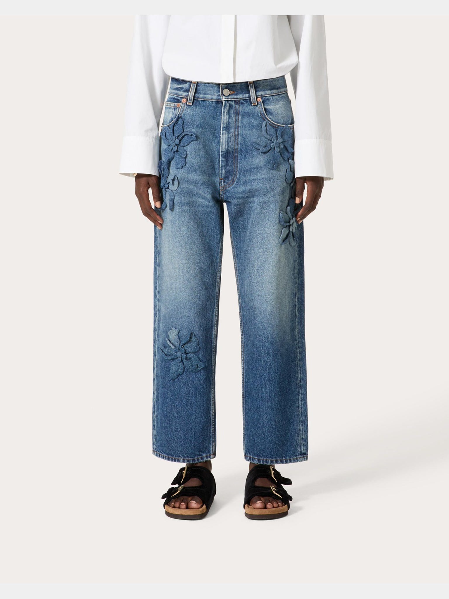 Valentino Jeans Damskie Niebieskie Haftowane Embroidered Medium Blue Denim Trousers 48ODD1769KJ558Valentino