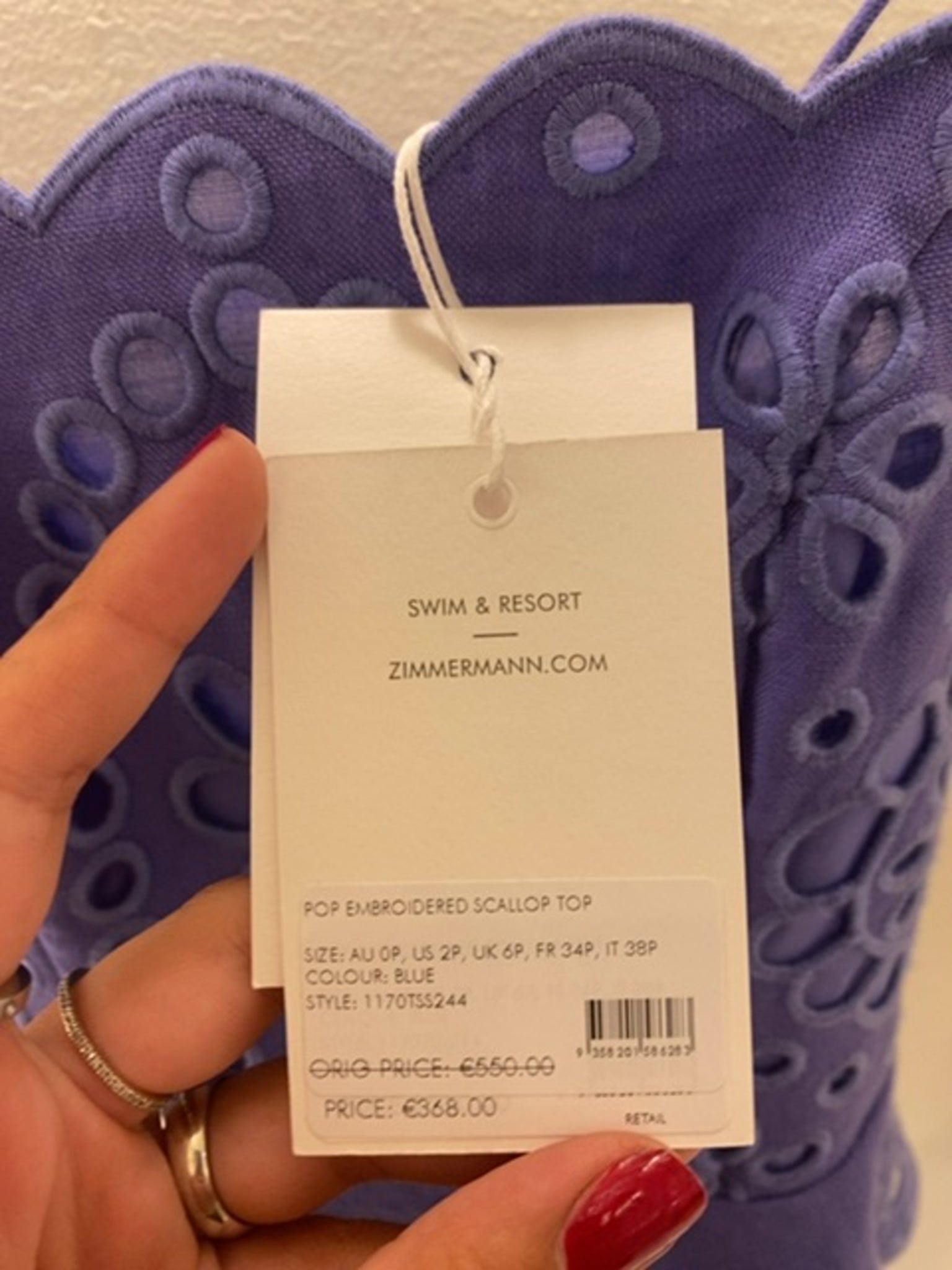 ZIMMERMANN Damski Top Haftowany Niebieski Pop Embroidered Scallop TopZimmermann