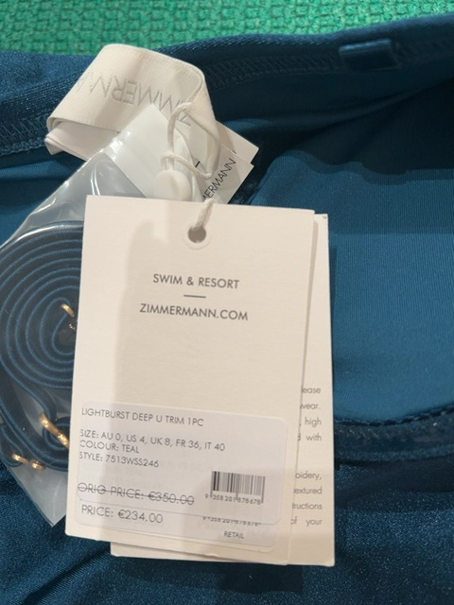 ZIMMERMANN Jednoczęściowy Strój Kąpielowy Damski Teal Lightburst Deep U TrimZimmermann