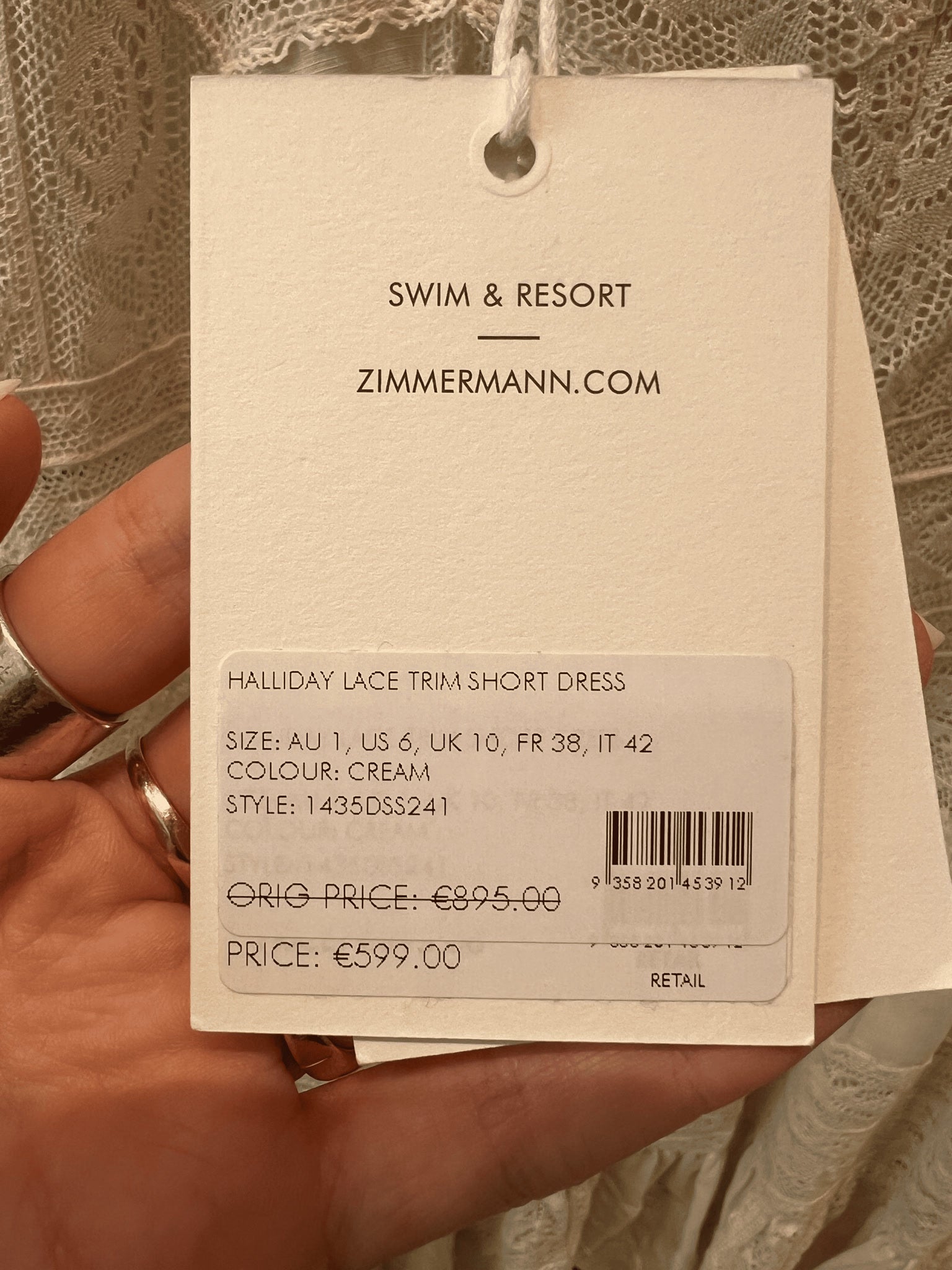 ZIMMERMANN Sukienka Damska Kremowa Halliday Lace Trim Short Dress 1435DSS241Zimmermann