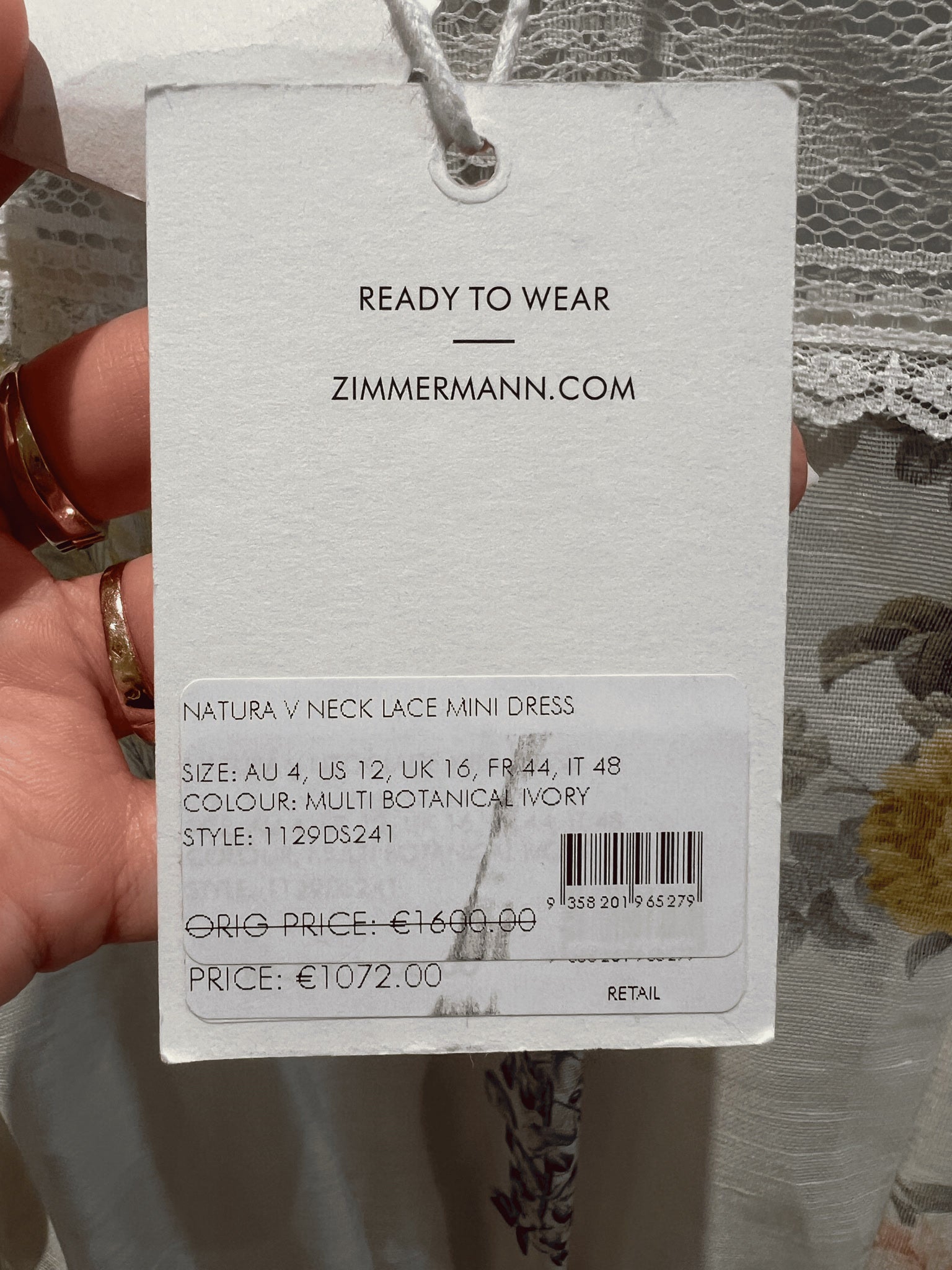 ZIMMERMANN Sukienka Damska Natura V Neck Lace Mini Dress 1129DS241Zimmermann