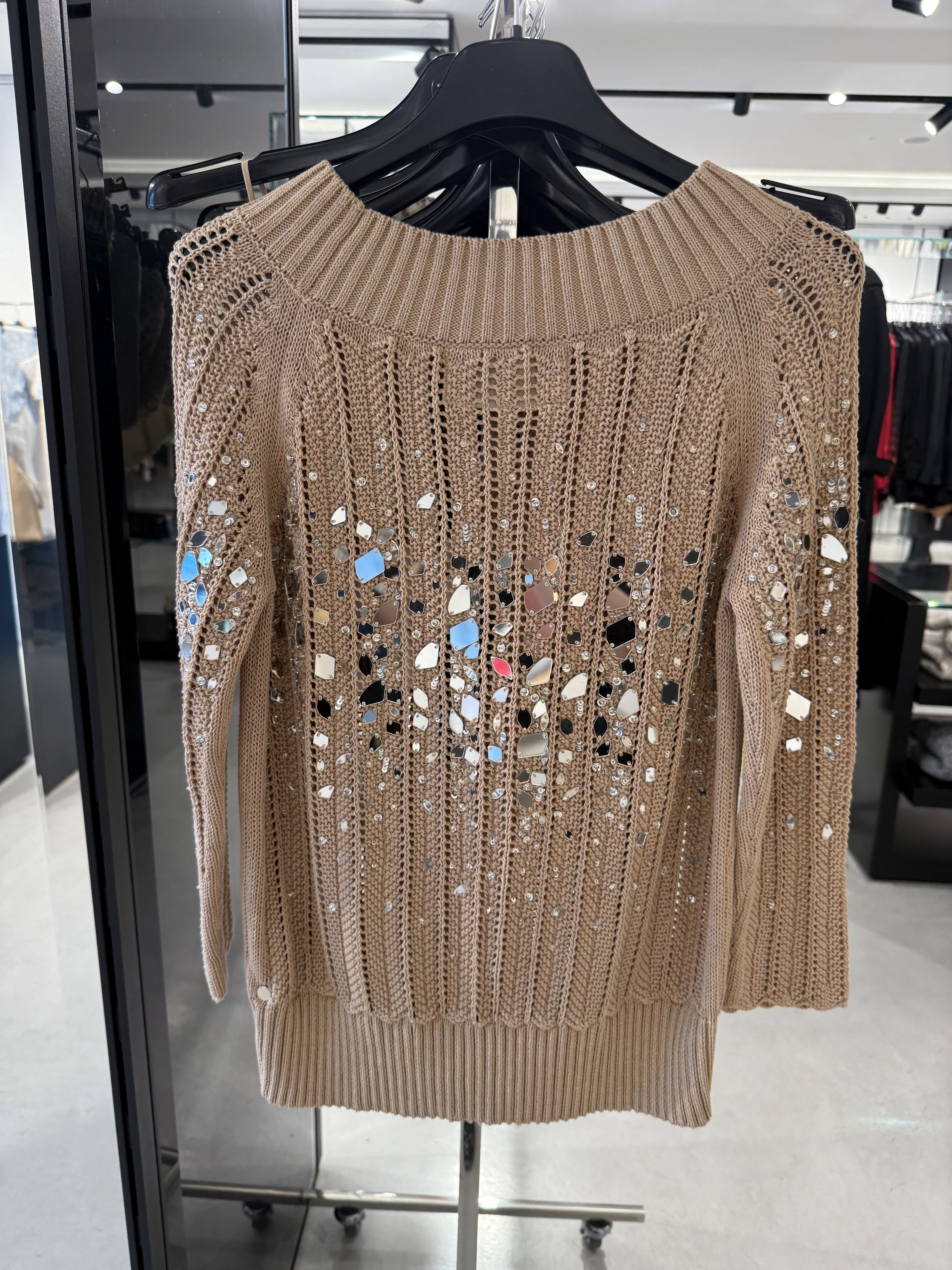 Ermanno Scervino Beige Knit Sweater with Mirror Embellishments