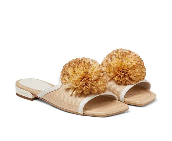 Jimmy Choo Nako Flat Natural/Latte Raffia Pom Pom Flats