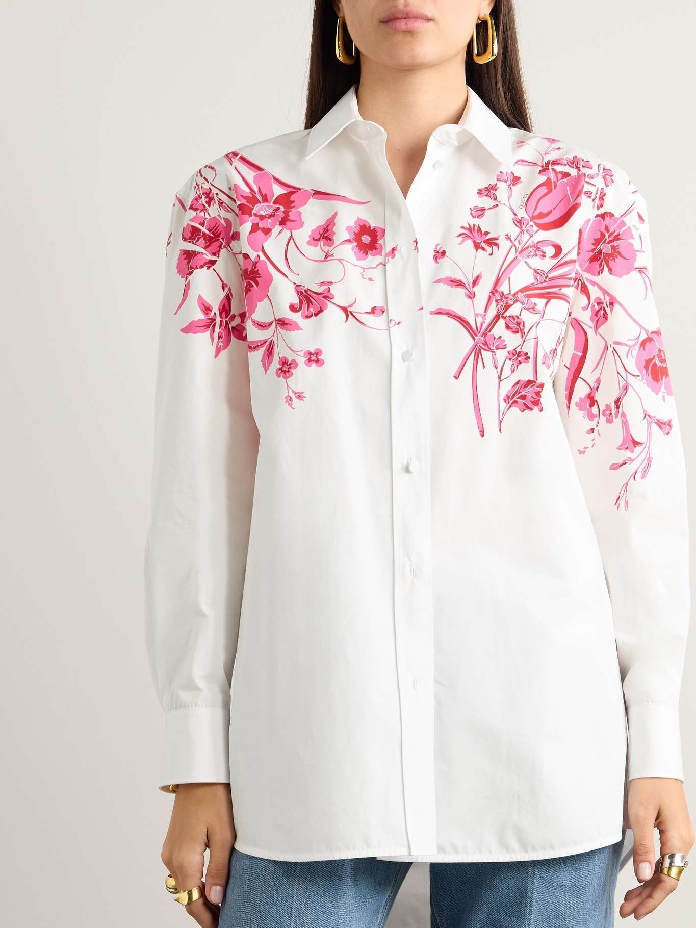 GUCCI Floral - print cotton - poplin shirt white and pinkGucci