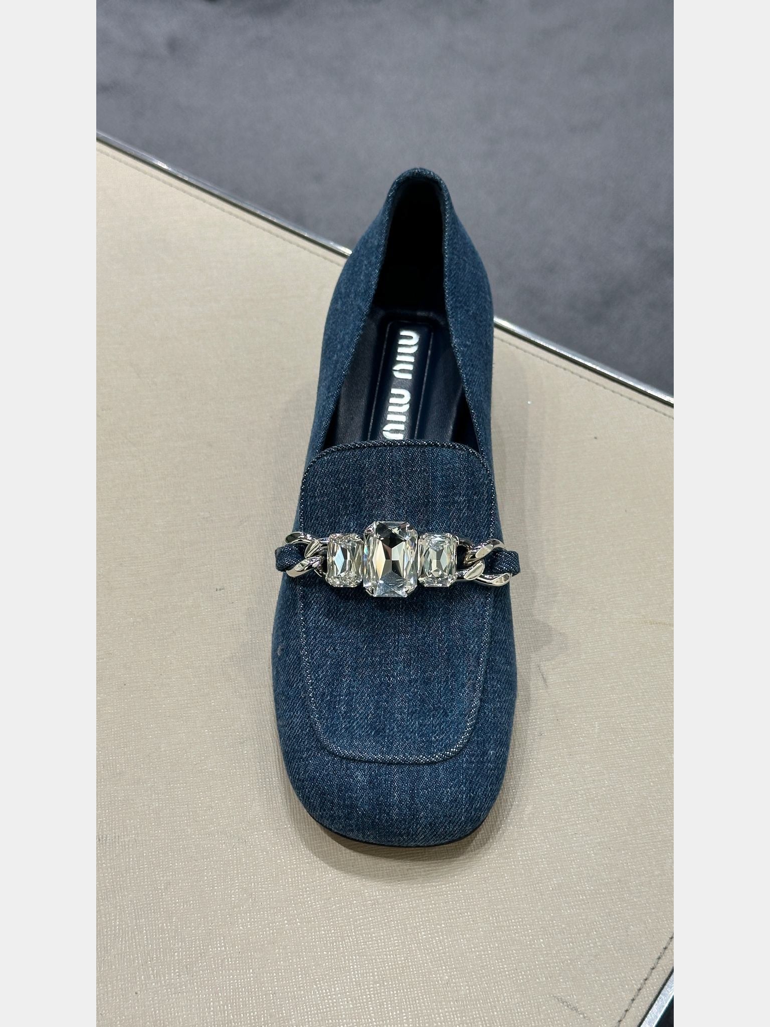 Miu Miu Jeweled Denim LoafersMiu Miu