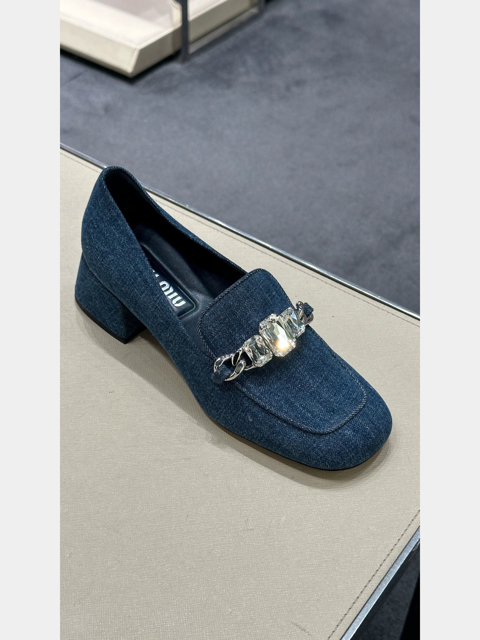 Miu Miu Jeweled Denim LoafersMiu Miu