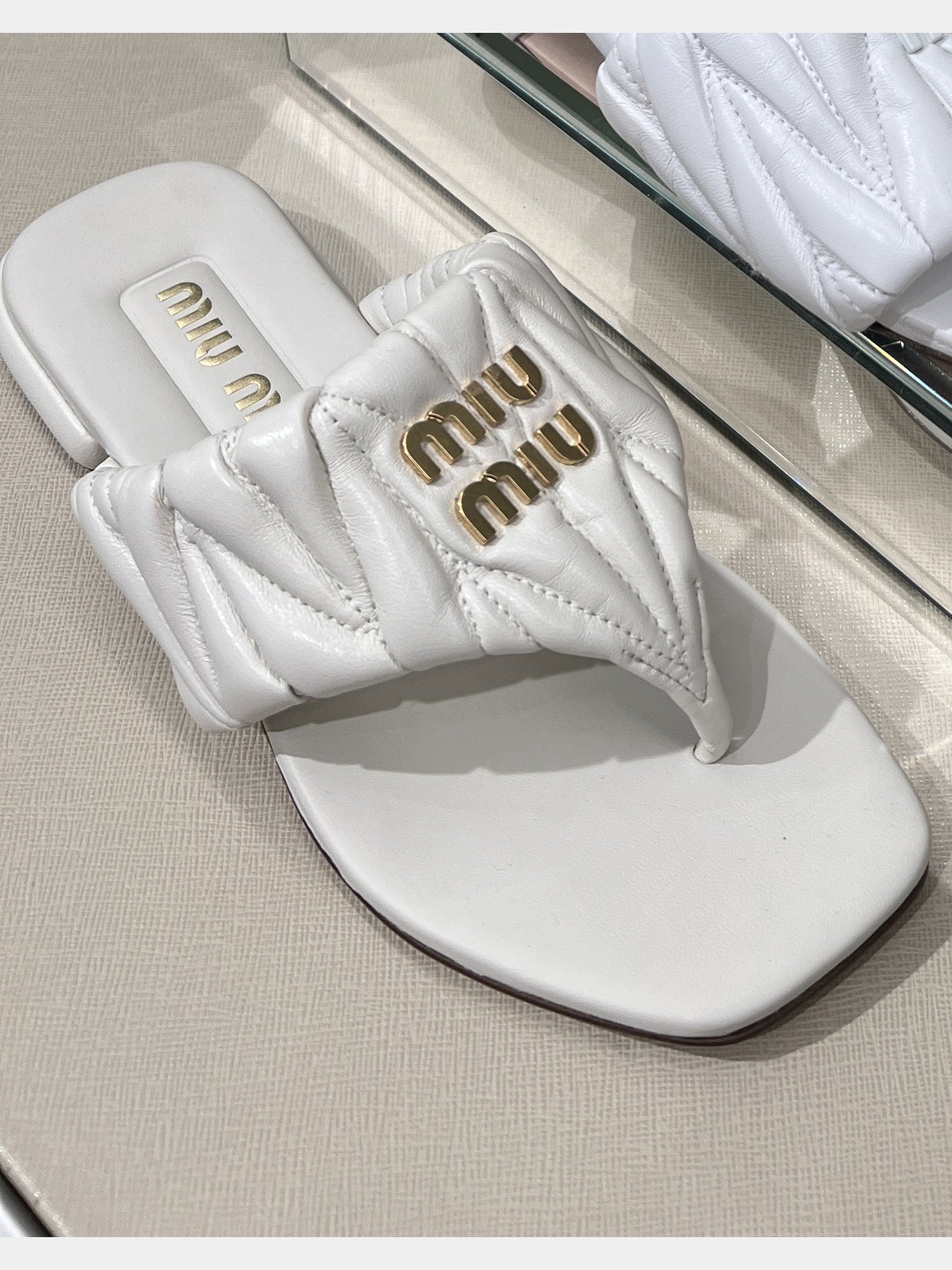 Miu Miu White Matelassé Leather Thong SandalsMiu Miu