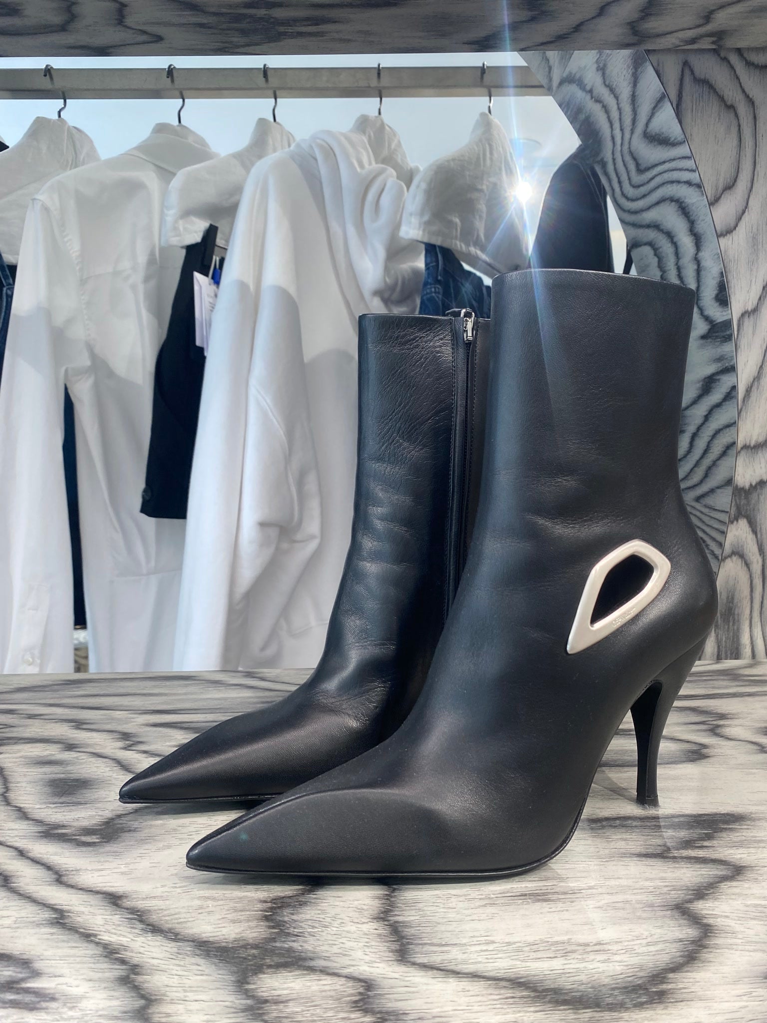 Off - White Damskie botki skórzane czarne srebrneOff - white