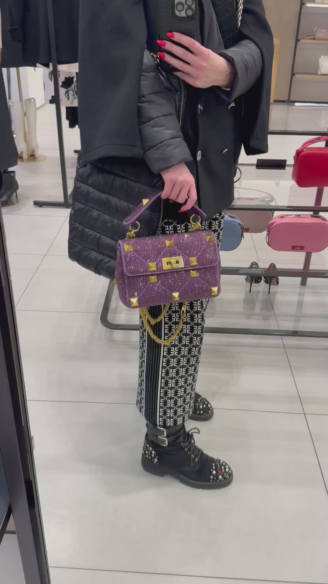 SMALL ROMAN STUD THE SHOULDER BAG WITH CHAIN AND RHINESTONES